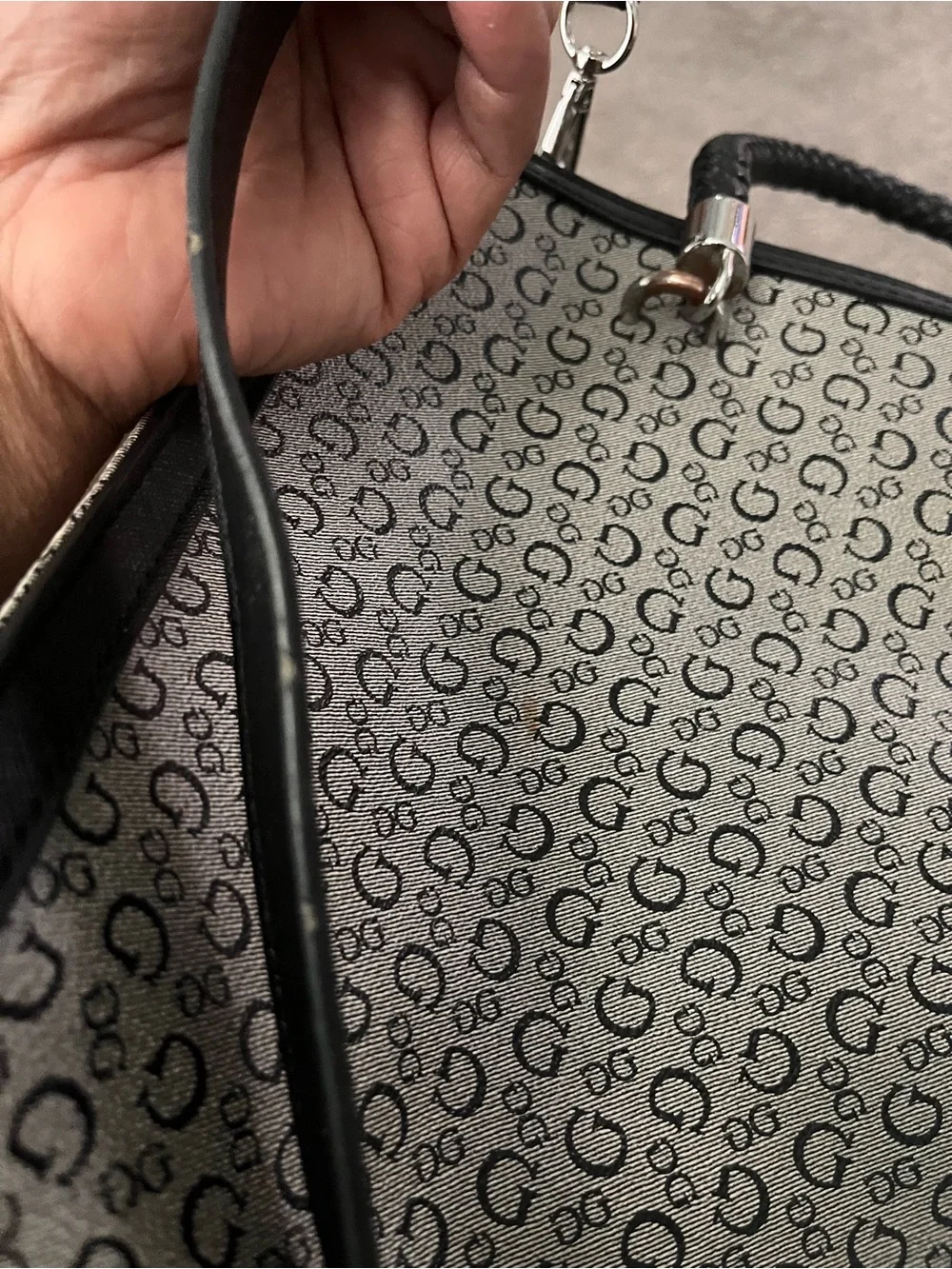 GUESS Beige Monogram Satchel with Black Braided Handles
